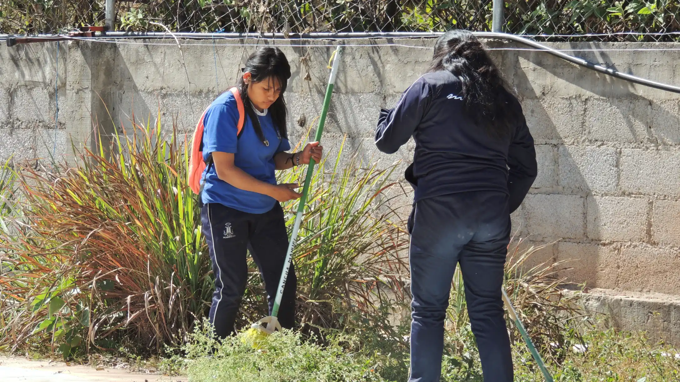 Alumnos con escobas junto a un muro y plantas