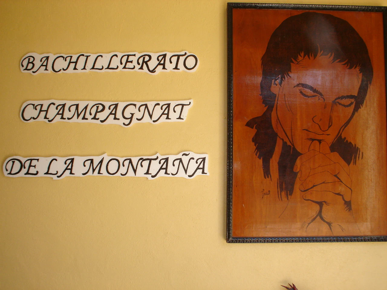 Letrero de madera tallado con el rostro de Marcelino Champagnat y la leyenda «Bachillerato Champagnat de la Montaña» sobre un muro amarillo