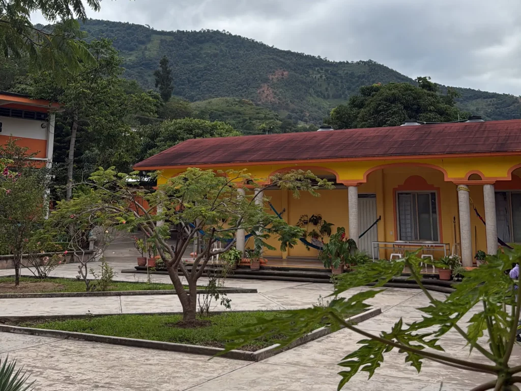 Patio con jardineras y árboles frente a un edificio amarillo de arcos y los cerros al fondo